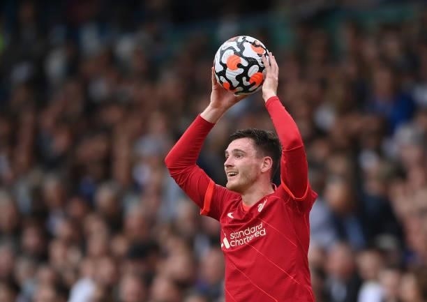 Andrew Robertson of Liverpool takes a throw-in during the Premier League match between Leeds United and Liverpool at Elland Road on September 12,...