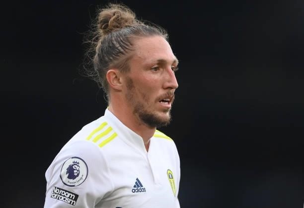 Luke Ayling of Leeds United looks on during the Premier League match between Leeds United and Liverpool at Elland Road on September 12, 2021 in...