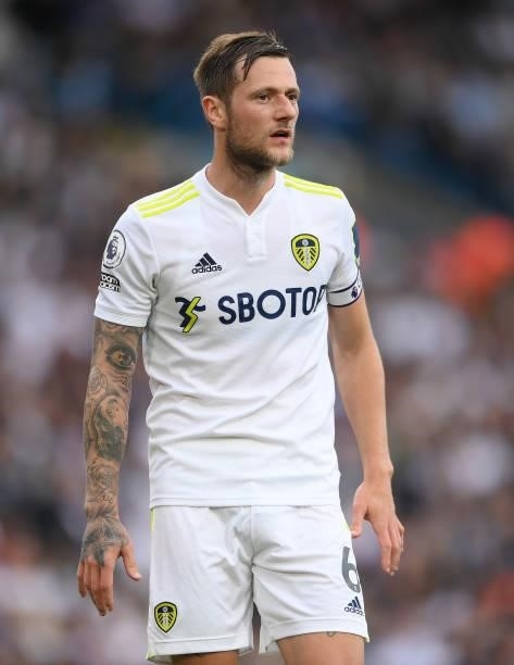 Liam Cooper of Leeds United looks on during the Premier League match between Leeds United and Liverpool at Elland Road on September 12, 2021 in...