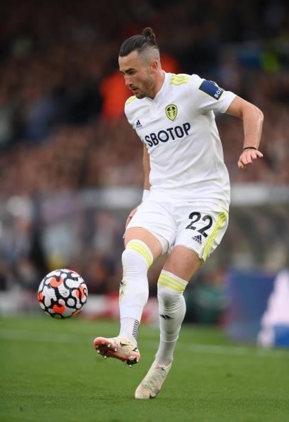 Jack Harrison of Leeds United runs with the ball during the Premier League match between Leeds United and Liverpool at Elland Road on September 12,...