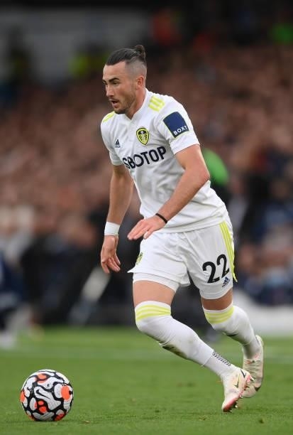 Jack Harrison of Leeds United runs with the ball during the Premier League match between Leeds United and Liverpool at Elland Road on September 12,...