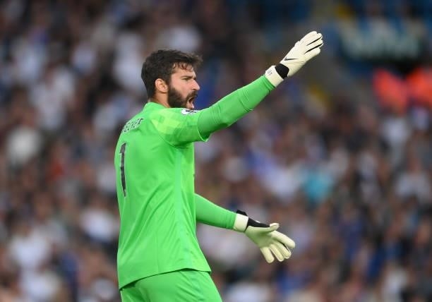 Alisson Becker of Liverpool looks on during the Premier League match between Leeds United and Liverpool at Elland Road on September 12, 2021 in...