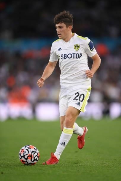 Daniel James of Leeds United runs with the ball during the Premier League match between Leeds United and Liverpool at Elland Road on September 12,...