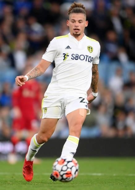 Kalvin Phillips of Leeds United runs with the ball during the Premier League match between Leeds United and Liverpool at Elland Road on September 12,...