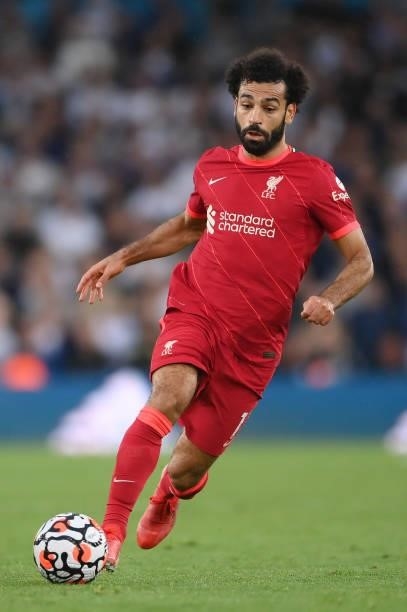 Mohamed Salah of Liverpool runs with the ball during the Premier League match between Leeds United and Liverpool at Elland Road on September 12, 2021...