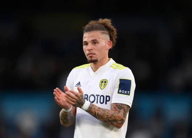 Kalvin Phillips of Leeds United looks on during the Premier League match between Leeds United and Liverpool at Elland Road on September 12, 2021 in...