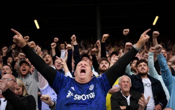 Leeds United fan sings as the teams walk out during the Premier League match between Leeds United and Liverpool at Elland Road on September 12, 2021...