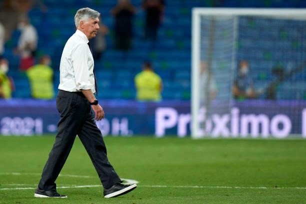 Ancelotti head Coach of Real Madrid reacts after the game during the La Liga Santader match between Real Madrid CF and RC Celta de Vigo at Estadio...