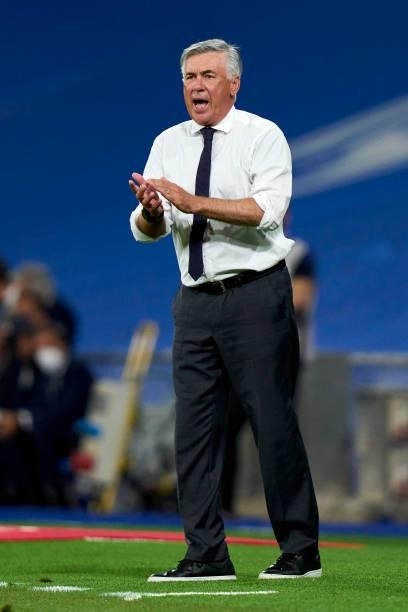 Ancelotti head Coach of Real Madrid reacts during the La Liga Santader match between Real Madrid CF and RC Celta de Vigo at Estadio Santiago Bernabeu...