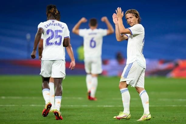 Luka Modric of Real Madrid reacts after the gameer the goal of Eduardo Camavinga of Real Madrid during the La Liga Santader match between Real Madrid...