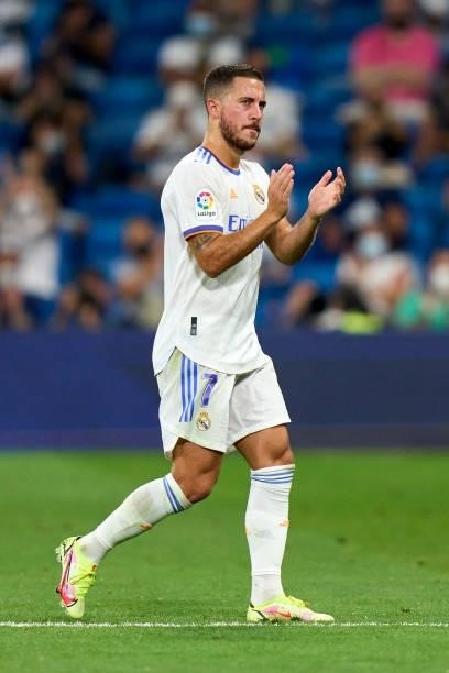 Eden Hazard of Real Madrid salutes the fans before getting substituted during the La Liga Santader match between Real Madrid CF and RC Celta de Vigo...