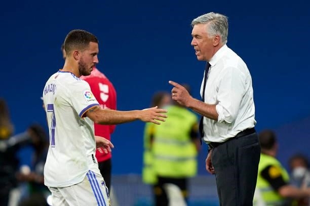 Vinicius Junior of Real Madrid giving instructions to Eden Hazard of Real Madrid during the La Liga Santander match between Real Madrid CF and RC...