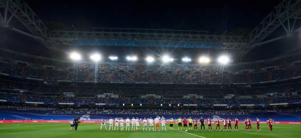 Team of Real Madrid and Team of RC Celta line up prior to kick off during the La Liga Santander match between Real Madrid CF and RC Celta de Vigo at...