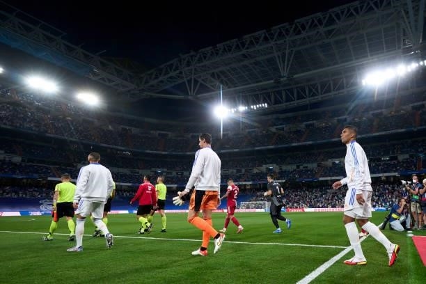 Players of Real Madrid exit to the pitch prior the game during the La Liga Santander match between Real Madrid CF and RC Celta de Vigo at Estadio...
