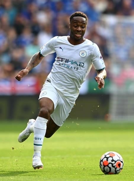 Raheem Sterling of Manchester City runs with the ball during the Premier League match between Leicester City and Manchester City at The King Power...