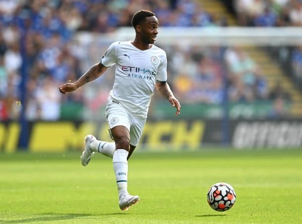 Raheem Sterling of Manchester City runs with the ball during the Premier League match between Leicester City and Manchester City at The King Power...