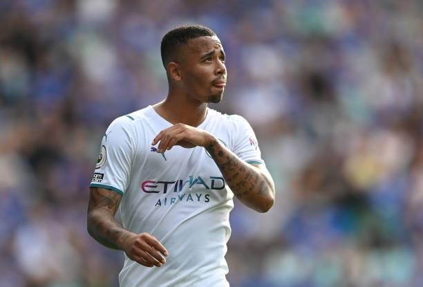 Gabriel Jesus of Manchester City looks on during the Premier League match between Leicester City and Manchester City at The King Power Stadium on...