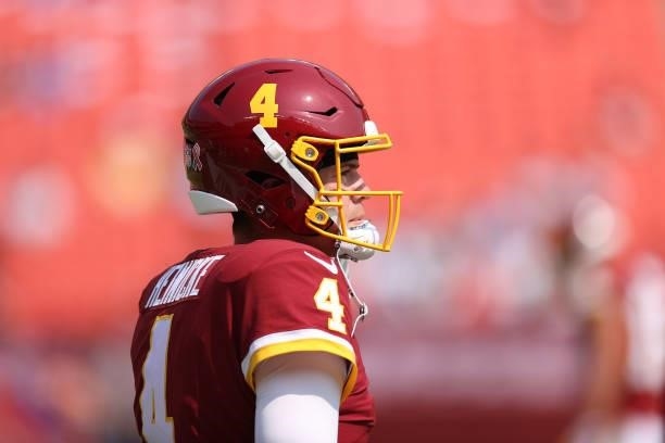 Taylor Heinicke of the Washington Football Team looks on before playing against the Los Angeles Chargers at FedExField on September 12, 2021 in...