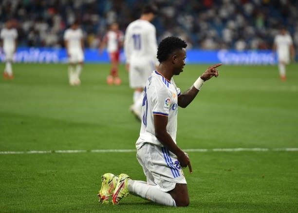 Vinicius Junior of Real Madrid celebrates after causing a penalty kick in favour of his team during the La Liga Santander match between Real Madrid...