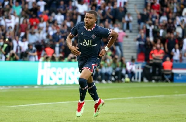 Kylian Mbappe of PSG celebrates his goal during the Ligue 1 Uber Eats match between Paris Saint-Germain and Clermont Foot 63 at Parc des Princes on...