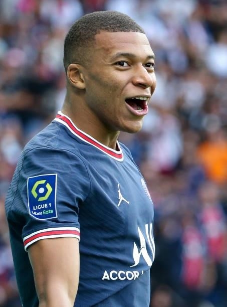 Kylian Mbappe of PSG celebrates his goal during the Ligue 1 Uber Eats match between Paris Saint-Germain and Clermont Foot 63 at Parc des Princes on...