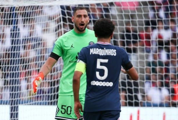 Goalkeeper of PSG Gianluigi Donnarumma, Marquinhos of PSG during the Ligue 1 Uber Eats match between Paris Saint-Germain and Clermont Foot 63 at Parc...