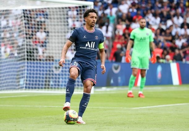 Marquinhos of PSG during the Ligue 1 Uber Eats match between Paris Saint-Germain and Clermont Foot 63 at Parc des Princes on September 11, 2021 in...