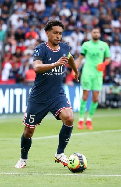 Marquinhos of PSG during the Ligue 1 Uber Eats match between Paris Saint-Germain and Clermont Foot 63 at Parc des Princes on September 11, 2021 in...