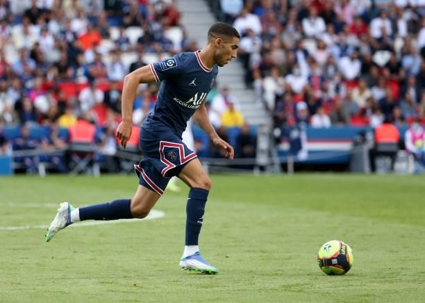 Achraf Hakimi of PSG during the Ligue 1 Uber Eats match between Paris Saint-Germain and Clermont Foot 63 at Parc des Princes on September 11, 2021 in...