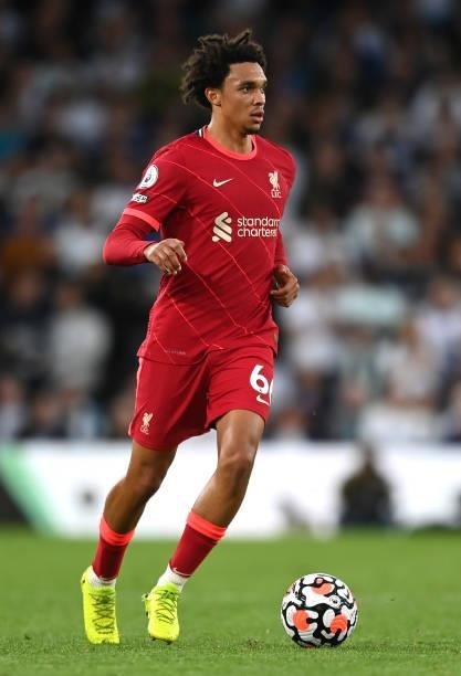 Trent Alexander-Arnold of Liverpool runs with the ball during the Premier League match between Leeds United and Liverpool at Elland Road on September...