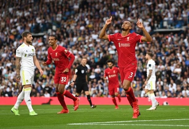 Fabinho of Liverpool celebrates after scoring during the Premier League match between Leeds United and Liverpool at Elland Road on September 12, 2021...