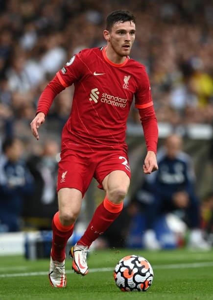 Andrew Robertson of Liverpool runs with the ball during the Premier League match between Leeds United and Liverpool at Elland Road on September 12,...