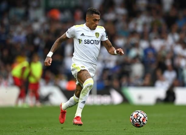 Raphinha of Leeds United runs with the ball during the Premier League match between Leeds United and Liverpool at Elland Road on September 12, 2021...