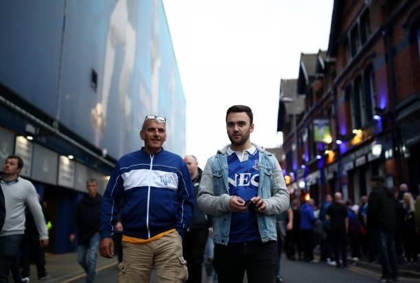 General view outside the stadium as fans arrive prior to the Premier League match between Everton and Burnley at Goodison Park on September 13, 2021...