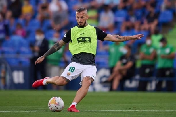 Dario Benedetto of Elche warms up during the La Liga Santander match between Getafe CF and Elche CF at Coliseum Alfonso Perez on September 13, 2021...