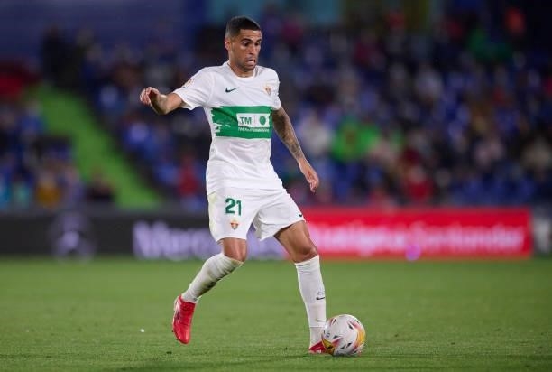 Omar Mascarell of Elche in action during the La Liga Santander match between Getafe CF and Elche CF at Coliseum Alfonso Perez on September 13, 2021...