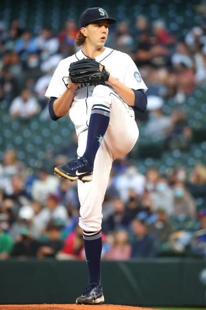 Logan Gilbert of the Seattle Mariners pitches against the Boston Red Sox in the first inning at T-Mobile Park on September 13, 2021 in Seattle,...