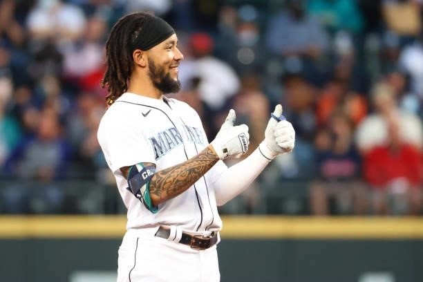 Crawford of the Seattle Mariners reacts after hitting a leadoff double against the Boston Red Sox in the first inning at T-Mobile Park on September...