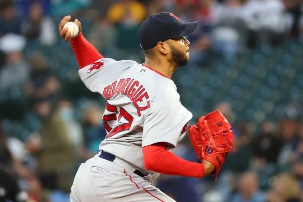 Eduardo Rodriguez of the Boston Red Sox pitches in the first inning against the Seattle Mariners at T-Mobile Park on September 13, 2021 in Seattle,...
