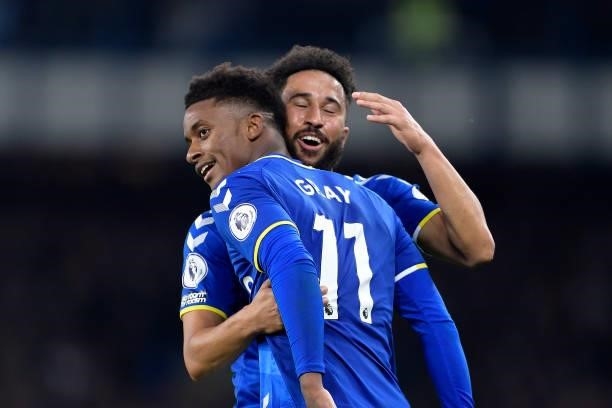 Demarai Gray of Everton celebrates his goal with Andros Townsend during the Premier League match between Everton and Burnley at Goodison Park on...