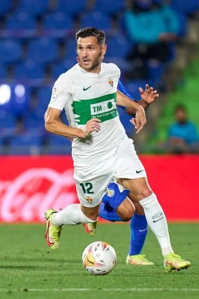 Lucas Perez of Elche CF looks on during the La Liga Santander match between Getafe CF and Elche CF at Coliseum Alfonso Perez on September 13, 2021 in...