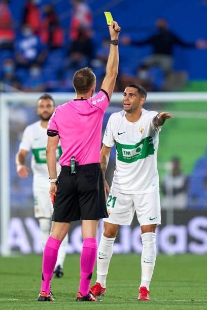 Omar Mascarell of Elche CF gets yellow card during the La Liga Santander match between Getafe CF and Elche CF at Coliseum Alfonso Perez on September...