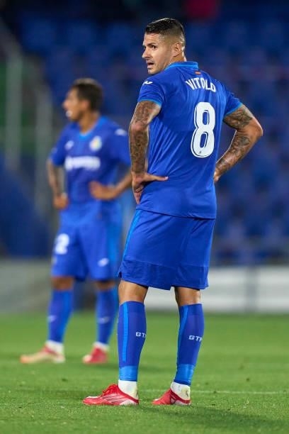 Vitolo of Getafe CF looks on after the game during the La Liga Santander match between Getafe CF and Elche CF at Coliseum Alfonso Perez on September...