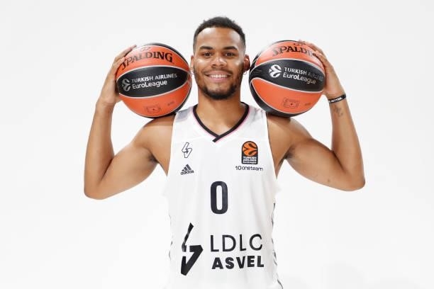 Elie Okobo, #0 poses during the 2021/2022 Turkish Airlines EuroLeague Media Day of LDLC Asvel Villeurbanne at The Astroballe on September 13, 2021 in...