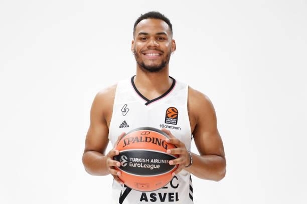 Elie Okobo, #0 poses during the 2021/2022 Turkish Airlines EuroLeague Media Day of LDLC Asvel Villeurbanne at The Astroballe on September 13, 2021 in...