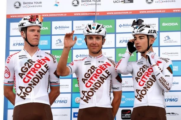 Bob Jungels of Luxembourg, Benoit Cosnefroy of France and Clément Champoussin of France and AG2R Citröen Team during the team presentation prior to...