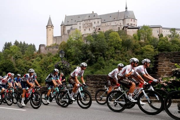 Benoit Cosnefroy of France, Andrea Vendrame of Italy and AG2R Citröen Team and The Peloton passing in front of the Vianden Castle in Luxembourg City...