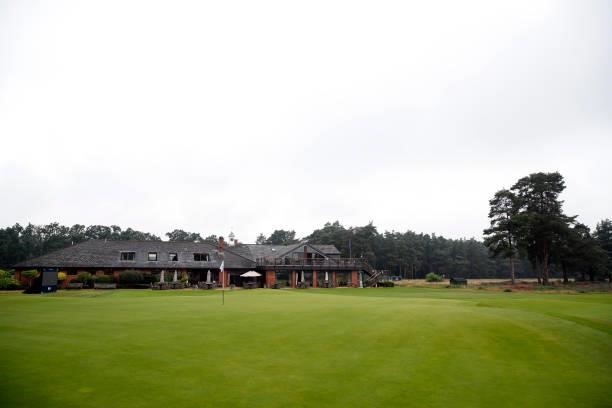 View of the club house and the 18th green during the R&A Mens's Home International previews at Hankley Common on September 14, 2021 in Tilford,...