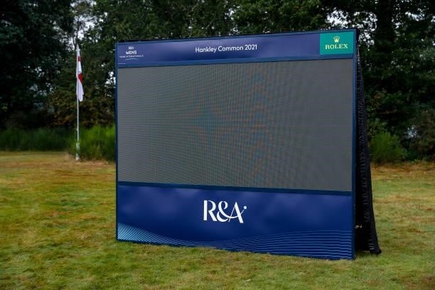 View of the digital score board on the 18th green during the R&A Mens's Home International previews at Hankley Common on September 14, 2021 in...