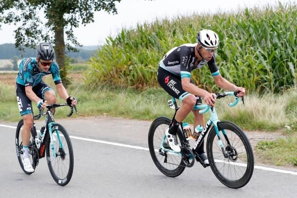 Sebastian Schönberger of Austria and Team B&B Hotels P/B KTM and Jack Bauer of New Zealand and Team BikeExchange compete in the Breakaway during the...